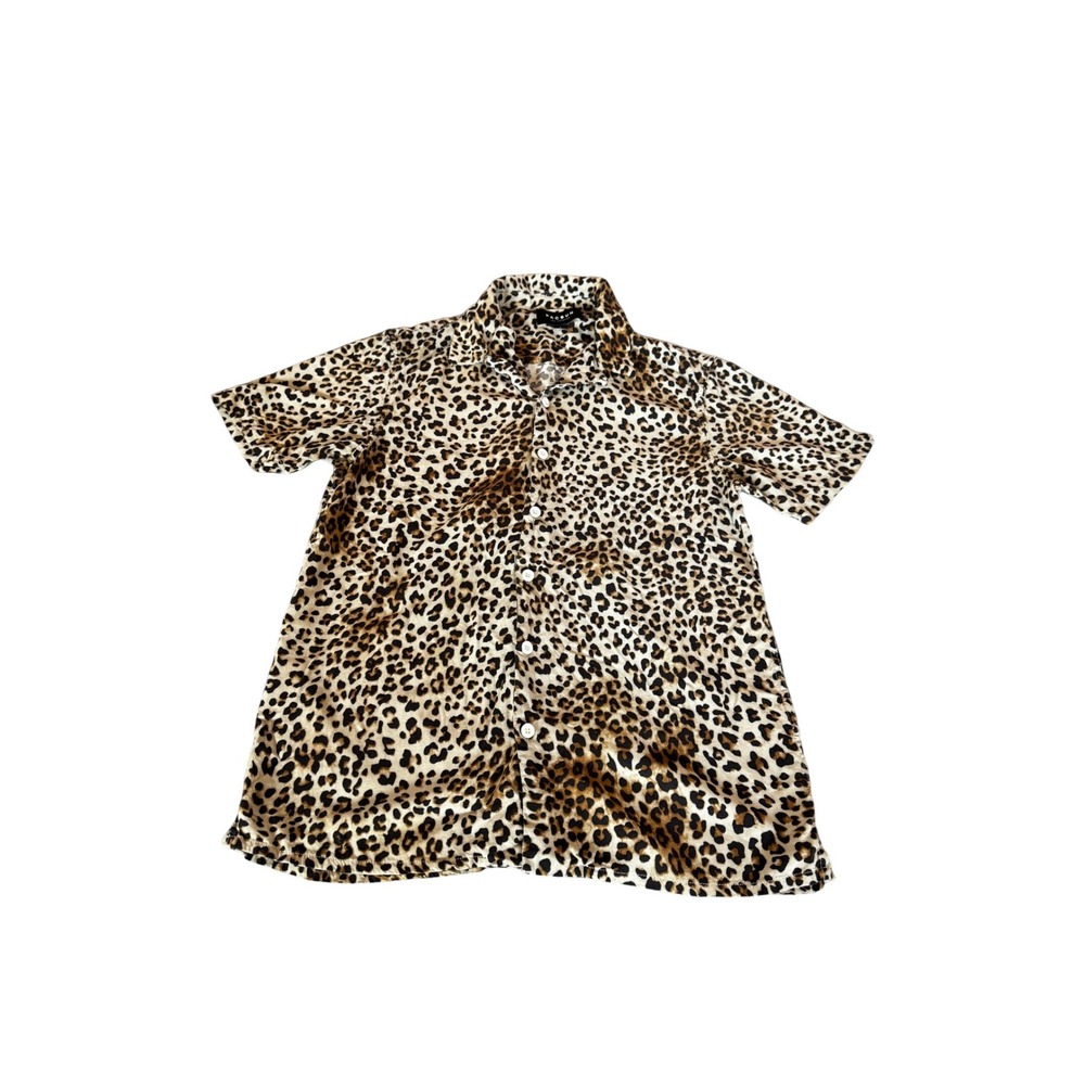 PacSun Mens Short Sleeve Leopard Animal Print Rayon Button Up Shirt Brown Small